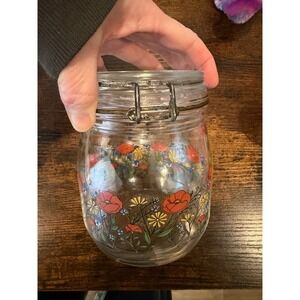 Vintage Arc France Glass Canister 1L Floral Poppy Daisy Bail Top Jar